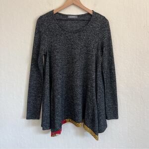 Alembika Asymmetric Satin Mixed Print Trim Long Sleeve Blouse Top US 8-10 Gray